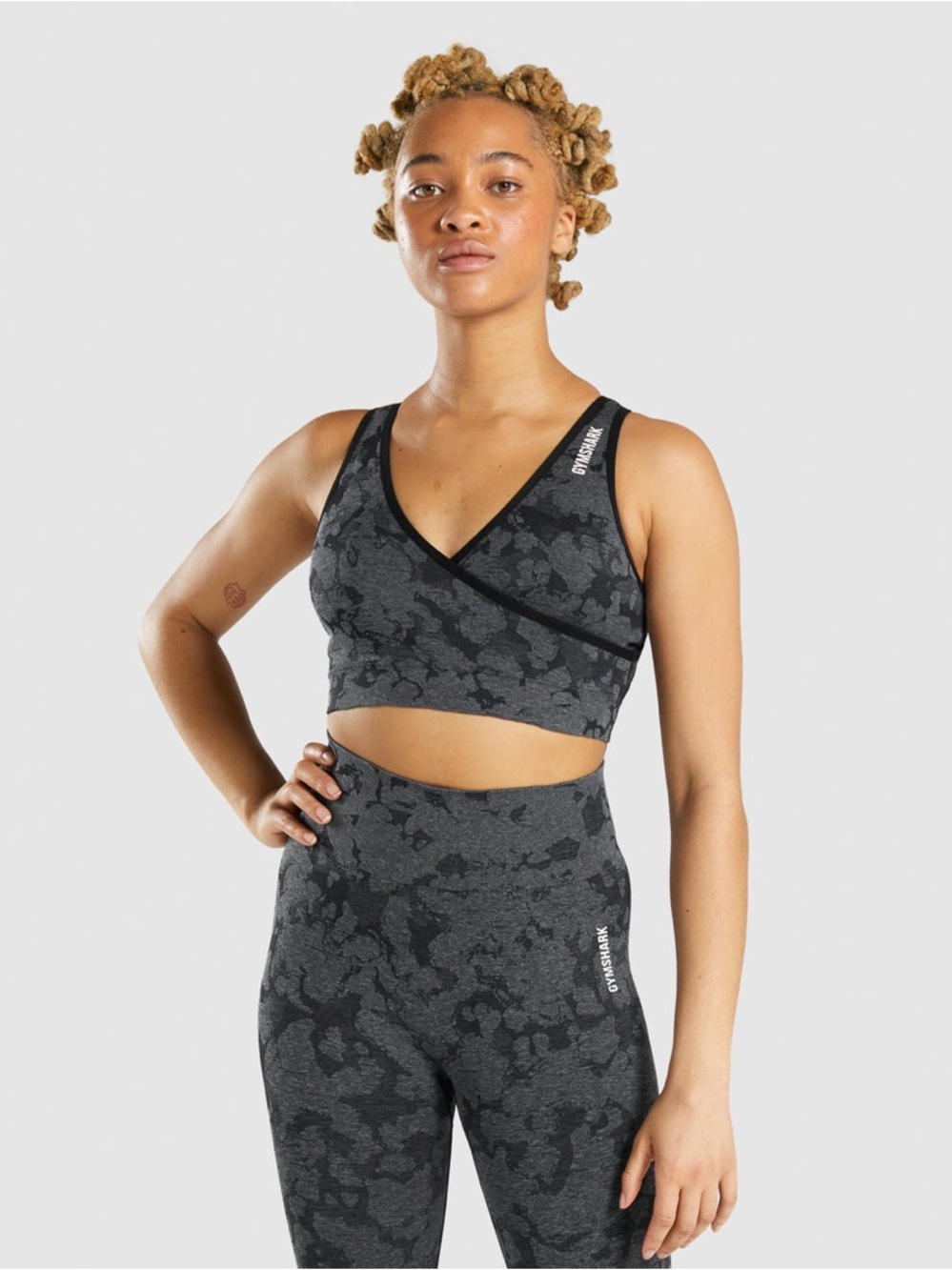 Gymshark Small Dark Gray Marble Seamless Wrap Sports Bra